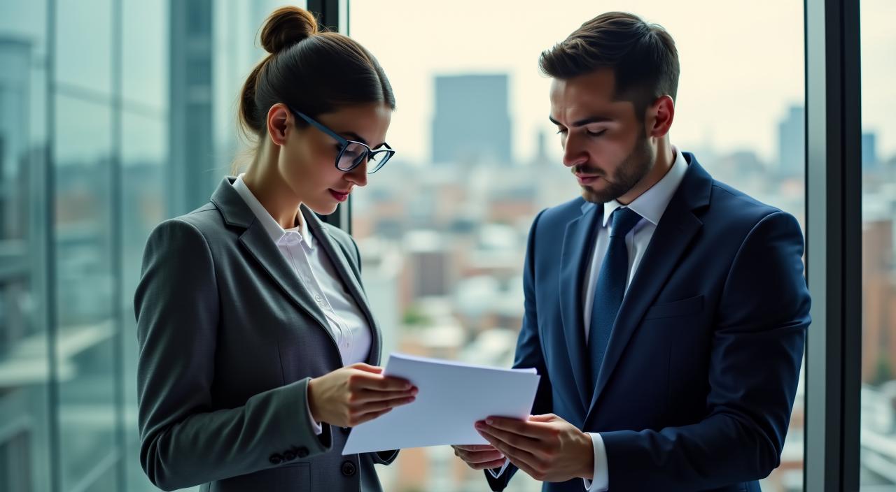 Two professional executives reviewing a B2B contract in a London office